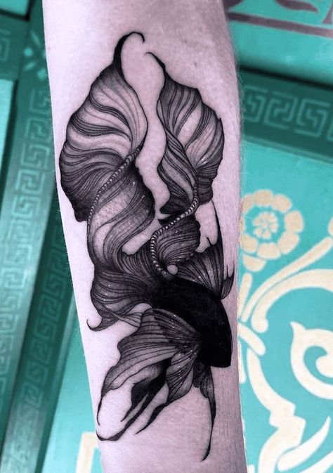 Dragon Coverup Tattoo, Black Fish Tattoo Design, White Tattoo Cover Up, Black Coverup Tattoo Ideas, Black And Grey Fish Tattoo, Dark Fish Tattoo, Black And White Betta Fish Tattoo, Black And White Fish Tattoo, Black And White Animal Tattoos