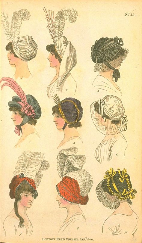 London Head Dresses, January 1800, Fashions of London & Paris Regency Hats, Jane Austen Costume, Regency Hair, Empire Fashion, Evening Hat, 1820s Fashion, Head Dresses, Historical Hats, 19th Century Women