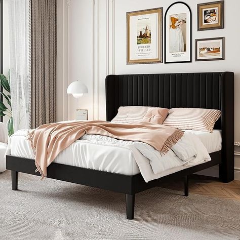 Amazon.com: SHA CERLIN Queen Size Velvet Bed Frame with Vertical Channel Tufted Wingback Headboard, Upholstered Platform Bed with Wood Slats, No Box Spring Needed, Easy Assembly, Black : Home & Kitchen Modern Style Bed, Velvet Bed Frame, Black Bed Frame, Lit King Size, Black Headboard, King Size Bed Frame, Wingback Headboard, Queen Size Bed Frames, King Bed Frame