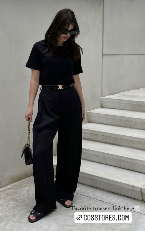 Long Black Trousers Outfit, Black Trousers Outfit Party, Wide Trousers Outfit, Trousers Street Style, Black Tshirt Outfit, Black Trousers Outfit, White Tshirt Outfit, Modern Grunge, Cute College Outfits