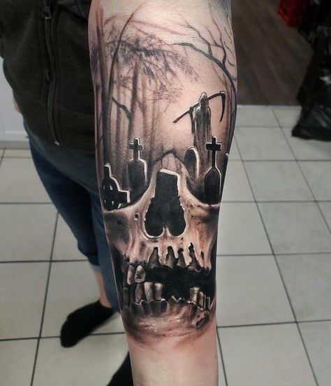 Graveyard Tattoo, Evil Skull Tattoo, Skull Sleeve Tattoos, Skull Sleeve, Evil Tattoos, Scary Tattoos, Creepy Tattoos, Leg Tattoo Men, Horror Tattoo