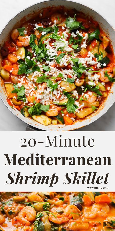 20-Minute Mediterranean shrimp skillet recipe! One of the best Mediterranean diet recipes! This Mediterranean skillet with shrimp, feta cheese and vegetables is easy, healthy and delicious! #Mediterranean #shrimprecipe Health Mediterranean Dinner, Mediterranean Seafood Stew, Meditterean Diet Salmon Recipes, Medtrain Food, Mediterranean Shrimp Skillet, Mediterranean Spaghetti Recipes, Meteranian Salmon Recipes, Quick And Easy Mediterranean Dinner Recipes, Quick Mediterranean Dinner Ideas