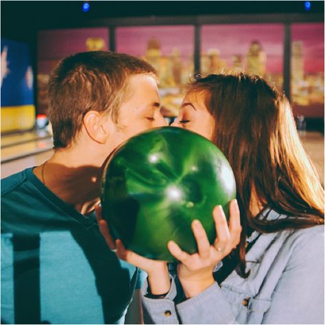 #GoBowling for your next date night! www.gobowling.com Bowling Wedding Ideas, Board Game Couple Photoshoot, Couple Bowling Pictures, Bowling Picture Ideas, Bowling Date Pictures, Bowling Alley Photoshoot Couples, Bowling Engagement Photos, Couple Bowling, Bowling Date