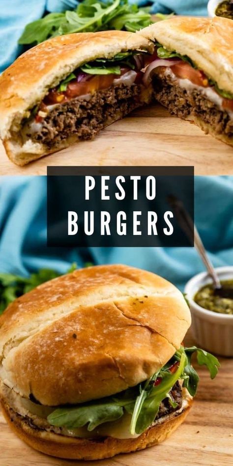 These Pesto Burgers are so good! One bite and I know you’ll be hooked like we are - it’s full of fresh flavors! This pesto burger recipe is one of our favorite summer grilling recipes. Pesto Burger, Pesto Burgers, Using Basil, Burgers On The Stove, Homemade Pesto Recipe, Easy Burger Recipe, Grilling Recipes Sides, Classic Burger, Juicy Burgers