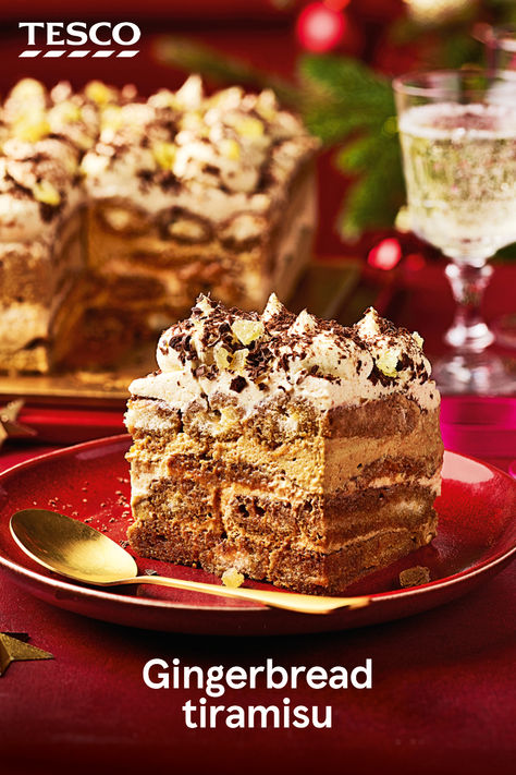 Give classic tiramisu a gingerbread twist for Christmas. Layered with coffee liqueur and ginger nut biscuits, this festive dessert is the ultimate way to end your Christmas dinner. | Tesco Gingerbread Tiramisu Recipe, Tiramisu Christmas, Gingerbread Tiramisu, Christmas Tiramisu, Tesco Christmas, Ginger Nut Biscuits, Italian Desserts Traditional, Classic Tiramisu, Ginger Chocolate