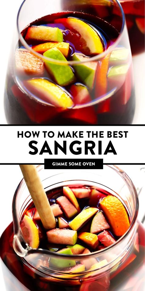 LOVE this easy sangria recipe! It only takes 10 minutes to prep, it's customizable with whatever kind of wine or fruit you have on hand, and it's always a crowd fave. Perfect for easy summer entertaining! | gimmesomeoven.com #sangria #cocktail #drink #summer #spain #recipe #easy #entertaining #holiday #party Sangria Easy Recipe, Fruits For Sangria, Fruit For Sangria, Red Wine Sangria Easy Summer, The Best Sangria Recipe, Fruit Sangria Recipe, Best Sangria Recipe Red Wines, How To Make Sangria Easy, Easy Red Sangria Recipes