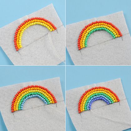 Seed Beads Rainbow Brooch | Pandahall Inspiration Projects Seed Bead On Felt, Seed Beading Patterns, Rainbow Brooch, Beaded Rainbow, Seed Bead Projects, Arabic Dress, Rainbow Pin, Felt Beads, Beaded Necklace Patterns