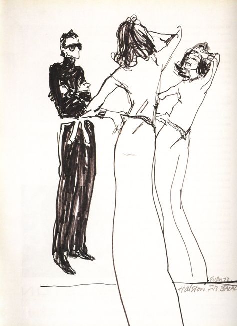 Joe Eula: illustration of Halston fitting Lauren Bacall in a long cashmere dress- 1973 Lauren Bacall, Movie Director, Cashmere Dress, Book Launch, A Drawing, Fashion Sketches, Fashion Drawing, Fashion Illustration, Fashion Art