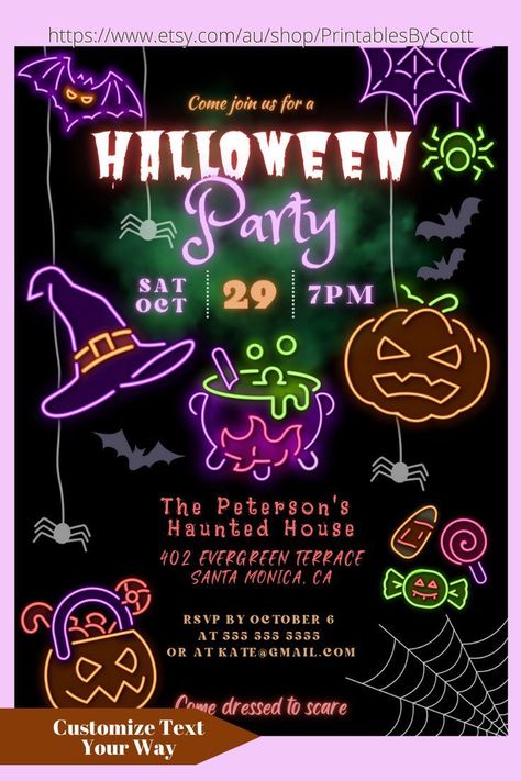 Neon Halloween Party Invitations, Halloween Party Invitations Template, Neon Halloween Costume, Halloween Costume Party Invite, Festive Invitation, Costume Party Invite, Halloween Dance Party, Party Design Poster, Halloween Party Design