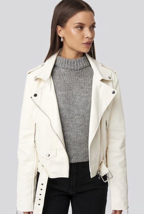 White Leather Jacket Outfit, White Jacket Outfit, Biker Jacket Outfit, Off White Jacket, White Leather Jacket, Leather Jacket Outfits, Spring Jackets, Leather Biker Jacket, White Jacket