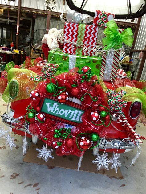 Looks as loaded down as the sled in the movie.  Grinch Sled The Grinch Christmas Parade Float Ideas, Holiday Parade Floats Grinch, Grinch Golf Cart Parade, Whoville Trunk Or Treat Ideas, Golf Cart Christmas Parade Ideas Grinch, Grinch Sled Diy, Grinch Float Ideas, The Grinch Parade Float Ideas, Grinch Car Decorations For Parade