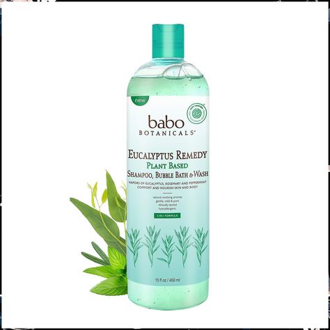 Babo Botanicals Eucalyptus Remedy Plant-Based 3-in-1 Shampoo, Bubble Bath & Wash - with Vapors of Eucalyptus, Rosemary & Pepp