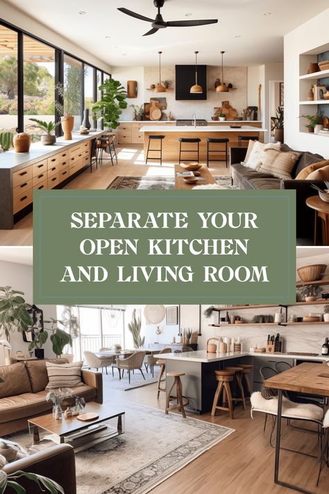 Wondering how to create a cozy separation between your open kitchen and living room? Discover practical tips to enhance your home's layout and style. Learn how an open-plan design can shine with smart dividers — from artistic shelves to elegant sliding doors. These design hacks not only divide space but also maintain harmony in decor. Say goodbye to clashing styles and hello to a chic fused appearance that feels perfect for cooking and lounging. Transform your home today with clever solutions for open kitchens. You won't believe the difference! Doors Separating Kitchen And Living Room, Walk Through Kitchen To Living Room, Kitchen Island Divider, Open Plan Divider, Living Room Kitchen Divider Ideas, Separating Kitchen And Living Room Ideas, Closing Open Floor Plan, Making Open Concept Feel Cozy, Kitchen With Arch Opening To Living Room