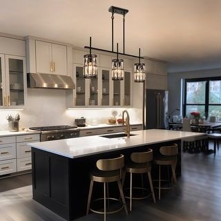 Nice Modern Kitchens, 3 Light Chandelier Over Island, Black Kitchen Island Grey Cabinets, Black Island Dark Floors, Island Kitchen Lighting Pendants, Open Kitchen With Big Island, Unique Light Fixtures Kitchen, Bronze And White Kitchen, Modern Kitchen With Vaulted Ceiling