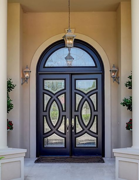 Curved Front Door Entrance, Impact Front Door, Mediterranean Front Doors, House Hall Design, Front Door Designs, Wealth Lifestyle, Impact Doors, Custom Front Doors, House Shutters