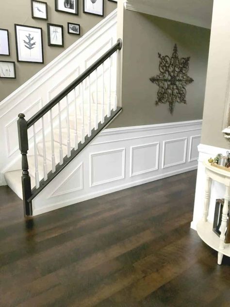 39 DIY Wall Moulding and Paneling Ideas Hallway Crown Molding, Bottom Of Wall Ideas, Wainscotting Ideas Stairway, Bottom Half Of Wall Panel, Half Wall Trim Ideas Moldings, Wainscoting On Stairway, Painting Wainscoting Ideas Color Schemes, Foyer Wall Colors Entry Ways, Half Wall Molding Ideas