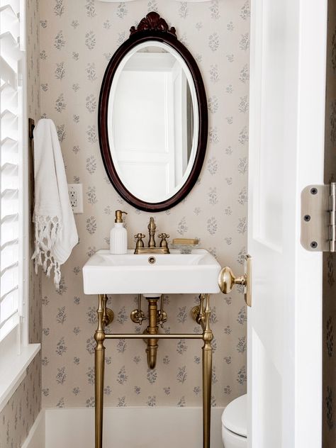 Powder Room with Console Sink | The Coastal Oak Pedestal Sink With Storage, Diy Console Sink, Antique Half Bath, Update Pedestal Sink, Pedestal Sink Mirror, Pedestal Sink Half Bathroom, Farmhouse Pedestal Sink, Half Bath With Pedestal Sink, Powder Room Sinks