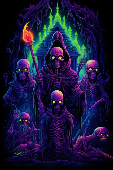 Ai generated art by midjourney Wizard Gang, Shadow Wizard, Blacklight Posters, Black Light Posters, Halloween Acrylic Nails, Skull Artwork, Neon Wallpaper, Dark Art Illustrations, Horror Comics