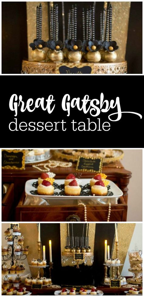 Great Gatsby dessert table with the most amazing black and gold Roaring 20s backdrop featured on The Party Teacher | http://thepartyteacher.com/2014/08/04/guest-party-great-gatsby-dessert-table/ 20s Backdrop, Gatsby Dessert Table, Gatsby Party Food, 20s Theme, Roaring 20s Birthday, Roaring 20s Theme, 1920's Party, Gatsby Birthday, Prohibition Party