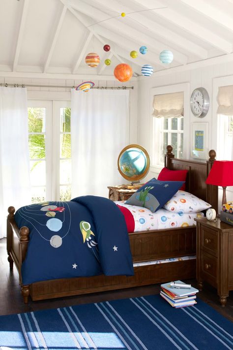 Pottery Barn Kids Room, Pottery Barn Boys Bedroom, Science Bedroom, Thomas Bedroom, Planet Mobile, Pottery Barn Bedrooms, Blue Boys Bedroom, Barn Bedrooms, Space Themed Bedroom