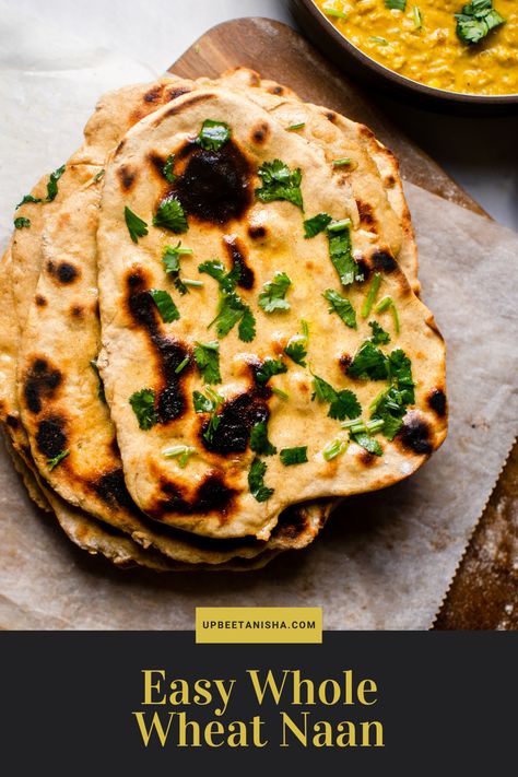 Whole wheat flatbread may sound like it’ll be dry and crumbly, but that couldn’t be further from the truth. Try this easy whole wheat naan to see for yourself! Just 7 simple ingredients to whole wheat naan that is so good, you won’t even think about what flour you used because you’ll be too busy ripping it apart and gobbling it up. That statement comes from personal experience. Whole Wheat Naan Recipe, Wheat Naan Recipe, Whole Wheat Flatbread Recipe, Healthy Naan Bread Recipe, Whole Wheat Naan Bread Recipe, Wheat Flatbread Recipe, Speciality Breads, Whole Wheat Flat Bread, Mediterranean Sides