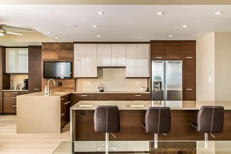 Willow | Beige Modern Condo Kitchen | Chervin Kitchen & Bath in Waterloo, Muskoka and Oakville Chocolate Brown Cabinets, Modern Condo Kitchen, Stunning Countertops, Kitchen Styling Modern, Kitchen Styles, Kitchen Countertop Materials, Modern Condo, Condo Kitchen, Brown Cabinets