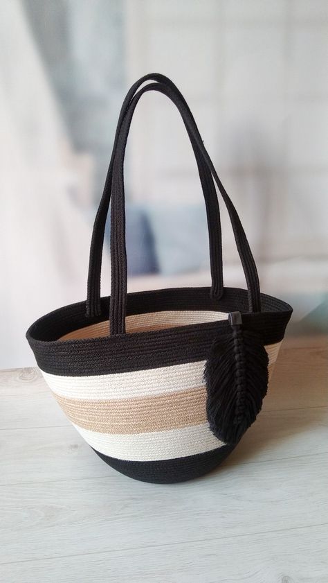 Bag cotton rope Cotton Rope Bag, Rope Bags, Clothesline Basket, Sewing Scarves, Ankara Bags, Crochet Beach Bags, Shopping Tote Bags, Rope Bowls, Rope Baskets