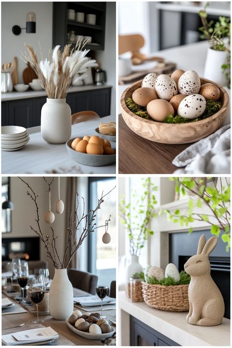 Neutral Easter decor tips that you can easily try even if you are on a budget. Neutral Easter Decor, February Decor, Neutral Easter, Feather Arrangements, Dried Wheat, Speckled Eggs, Modern Rustic Decor, Ceramic Bunny, Wooden Eggs