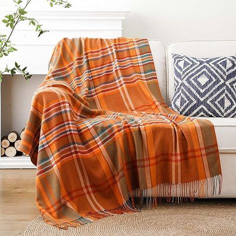 BATTILO HOME Orange Plaid Throw Blanket for Couch, Soft Cozy Checkered Blanket with Tassels, Lightweight Decorative Fall Throw Blanket for Bed, Sofa, Chair, Gifts, Home Decor 50"x60" - Other colours available!! Burnt Orange Throw Blanket, Burnt Orange Throw, Checkered Blanket, Buffalo Plaid Blanket, Fall Throw Blanket, Plaid Blankets, Fall Blanket, Blanket For Bed, Plaid Throw Blanket