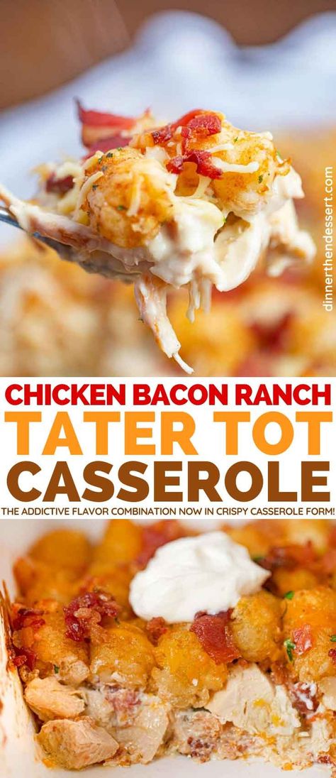 Chicken Bacon Ranch Tater Tot Casserole is a family favorite made with bacon, chicken, cheeses and layered with tater tots. #dinner #chicken #bacon #ranch #casserole #crackchicken #weeknightdinner #cheesy #chickenbake #tatertots #tatertotcasserole #dinnerthendessert Bacon Ranch Tater Tot Casserole, Ranch Tater Tot Casserole, Bacon Ranch Casserole, Ranch Casserole, Tater Tot Casserole Recipes, Chicken Bacon Ranch Casserole, Bacon Chicken, Tot Casserole, Tater Tot Casserole