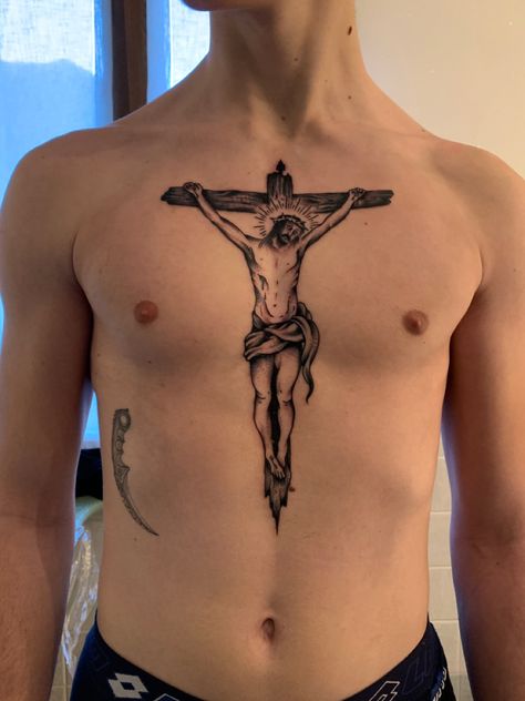 Ave Christus Rex Tattoo, Jesus Cross Tattoo, Christian Tattoos Men, Jesus On Cross Tattoo, Crucifix Tattoo, Jesus Christ Tattoo, Saint Tattoo, Unique Cross Tattoos, Jesus Tattoo Design