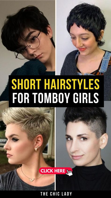 20 Short Haircuts for Tomboys to Rock Your Style Short Hairstyle Women Tomboy, Haircuts For Tomboys, Short Queer Haircuts Straight Hair, Tomboy Undercut, Butch Haircuts Women, Short Teenage Girl Haircut, Low Maintenance Pixie Haircut, Short Masc Haircuts, Gay Haircuts For Women