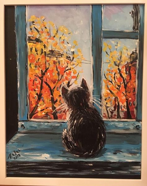 Diy Cat Painting Easy, Fall Cat Painting, Cat Paintings Aesthetic, Whimsical Paintings Acrylic, Cat Paintings Acrylic, Cat Painting Simple, Whimsical Art Paintings Acrylics, Cat Painting Easy, Cat Painting Acrylic