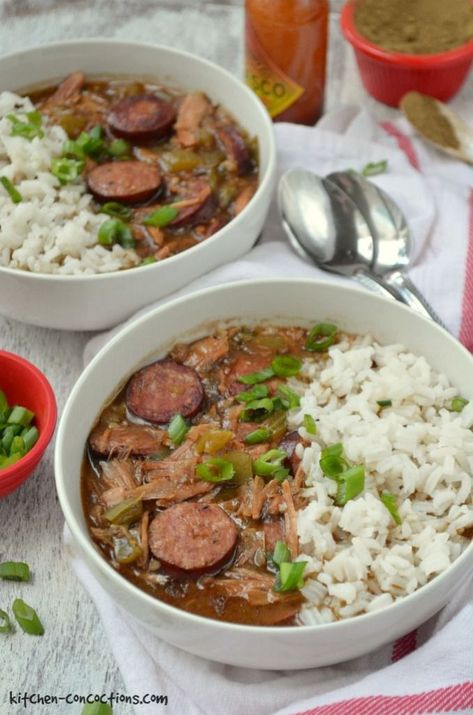 Smoked Turkey and Sausage Gumbo - Kitchen Concoctions Authentic Gumbo Recipe, Authentic Gumbo, Turkey Kielbasa Recipes, Easy Kielbasa Recipes, Turkey Gumbo, Andouille Sausage Recipes, Turkey Sausage Recipes, Gumbo Recipe Sausage, Gumbo Soup