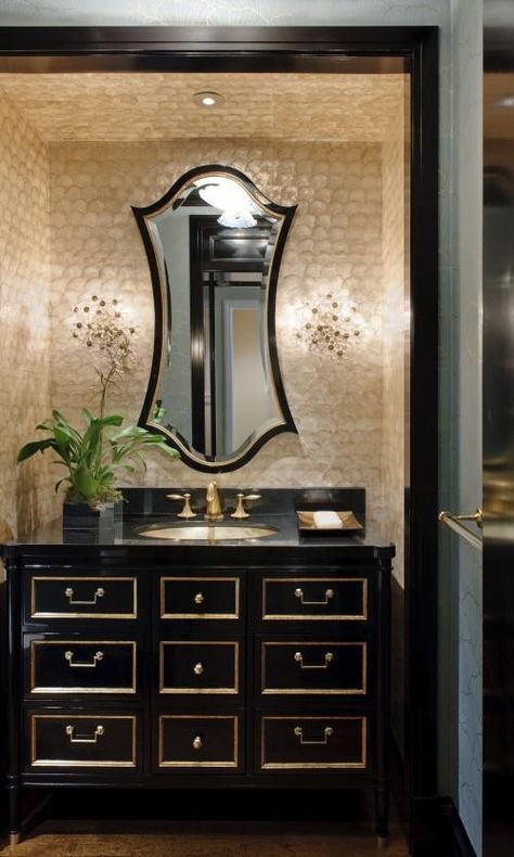 Bathroom chic Traditional Powder Room Design, Traditional Powder Room, Powder Room Design Ideas, Black And Gold Bathroom, Unique Bathroom Vanity, House Of Turquoise, Powder Room Design, Enchanted Home, Gold Bathroom