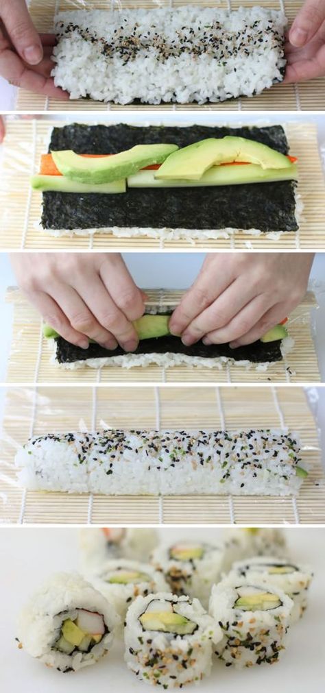 how to make a California Roll step by step Easy Sushi Rolls, Resep Sushi, Party Rolls, California Roll Sushi, Sushi Ideas, Veggie Sushi, Sushi Recipes Homemade, California Rolls, Making Sushi