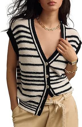 Locachy Womens 2024 V Neck Cap Sleeve Striped Sweater Vest Button Down Sleeveless Knit Tank Tops Striped Sweater Vest, Fall Outfits For Women, Tops Fall Outfits, Vest Tops Women, Button Vest, Women Vest, Vest For Women, Sleeveless Sweater Vest, Slouchy Sweater