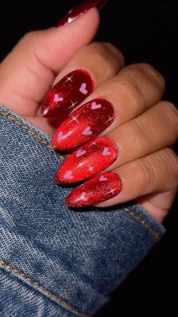 Jen Flores ♡ on Instagram: "Do you see this!!!? 🤯🥵😍 Cat eye valentines nail inspo!!! Make sure you SAVE & SHARE!!! Using @daily_charme (code: JEN10) •C02 Whiskers (silver cat eye gel) •T04 Cosmopolitan (tinted glass gel) #nailitdaily #nailpro #nailartist #nailsofinstagram #thenailconnection #cateyenails #dailycharme #dailycharmeambassador #vdaynails #valentinesnails #nailtrends #cartoonnails #red #almondnails #glitternails #holonails #colorchangingnails #viralnails #cateyegelpolish #nailin Red Cat Eye Valentines Nails, Eye Valentines, Silver Cat Eye, Valentines Nail, Vday Nails, Holo Nails, Color Changing Nails, Cat Eye Gel Polish, Nail Colours