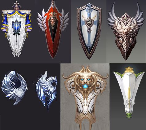 shields aion 2 Fantasy Shield Design, Fantasy Shield Design Concept, Fantasy Shield Art, Shield Fantasy Art, Shield Design Concept, Shield Concept Art, Fantasy Shields, Shield Fantasy, Fantasy Shield