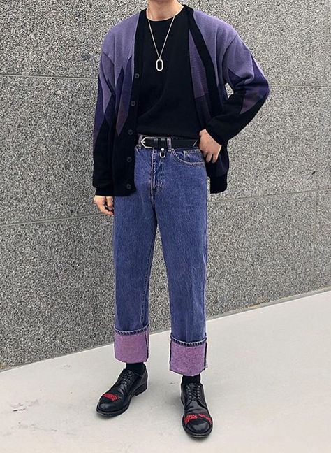 Purple Outfit Korean Men, Man Purple Outfit, Purple Dark Academia Outfit Men, Purple Clothing Men, Purple Clothes Aesthetic Men, Purple Aesthetic Outfit Men, Purple Grunge Outfits Men, Purple Outfit Ideas Men, Purple And Black Outfits Men