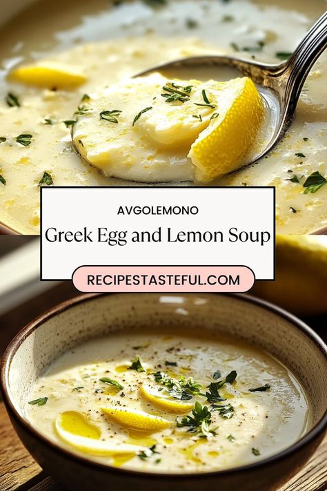 Warm up with Avgolemono, the classic Greek Egg and Lemon Soup! This velvety, comforting soup combines creamy eggs, bright lemon, tender chicken, and rice for a bowl that's rich yet refreshing. Known for its unique tangy flavor and smooth texture, Avgolemono is an easy-to-make recipe that feels special with each spoonful. Perfect for cold days or when you’re craving something cozy with a twist of Mediterranean flair. Save this pin for a traditional Greek soup that’s both nourishing and delicious! Vegetarian Avgolemono Soup, Greek Egg And Lemon Soup, Soup Recipes Unique, Lemon Greek Soup, Lemon Soup Greek, Unique Soups, Greek Soups, Chicken Lemon Soup, Greek Chicken Soup