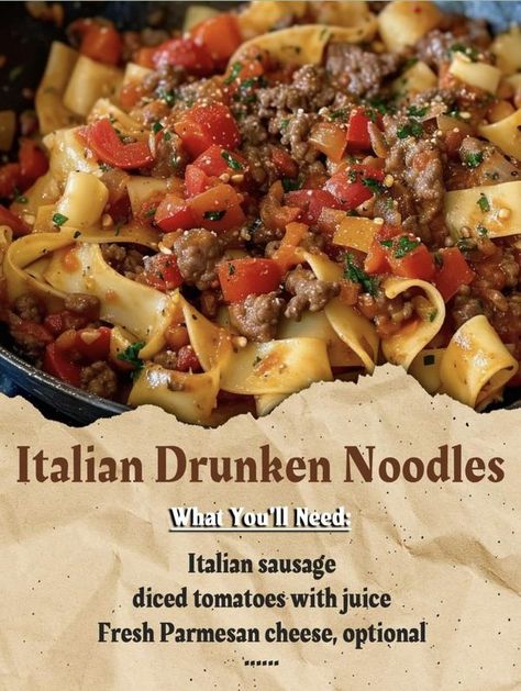 Italian Drunken Noodles, Cottagecore Food, Drunken Noodles, Noodle Recipe, Cheap Dinners, Grandmas Recipes, Cooking Basics, Noodle Dishes, Noodle Recipes