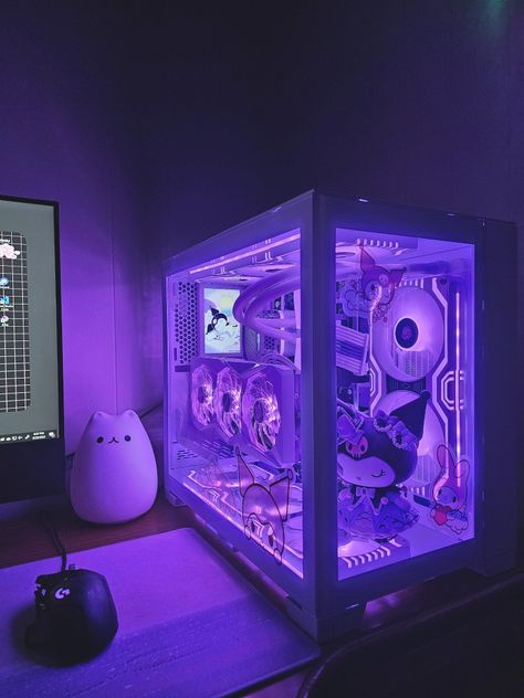 Goth Gamer Setup, Kuromi Room Aesthetic, Kirby Pc Setup, Kuromi Aesthetic Room, Purple Setup, Kuromi Pc Setup, Kuromi Gaming Room, Sanrio Pc Setup, Purple Pc Setup