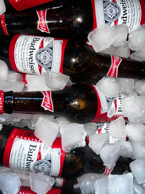 Budweiser beer bottles in alternating formation with ice Budweiser Aesthetic, Frat Aesthetic, Beer Budweiser, Spring Playlist, Beer Aesthetic, Modelo Beer, Dad Aesthetic, Budweiser Beer, 24th Birthday