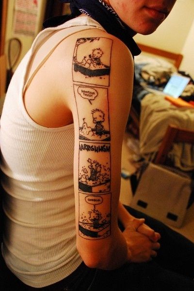 Strip Tattoo, Calvin And Hobbes Tattoo, Beer Tattoos, Be Brave Tattoo, Comic Tattoo, Inked Magazine, Tattoo Project, Cartoon Tattoos, Tat Ideas