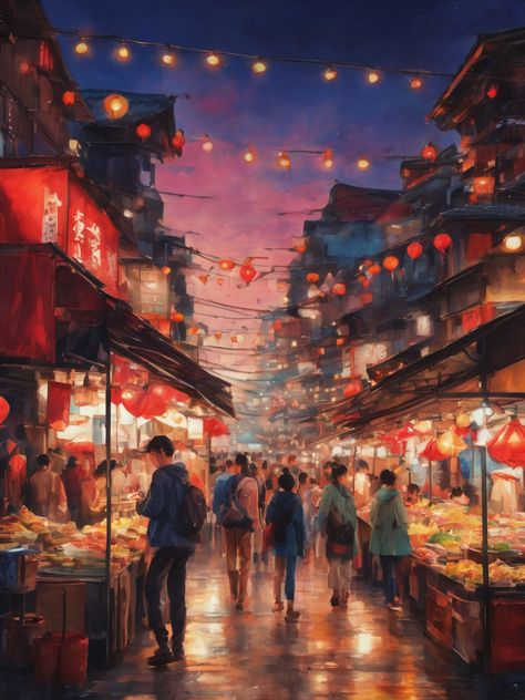 Cute vintage nigh market ,red color scheme, AI art, Watercolor painting, landscape art Market Place Painting, Tokyo Painting Acrylic, Japanese Street Painting, Japan Oil Painting, Jocelyn Carmes, Fantasy Market Art, Market Place Aesthetic, Market Place Drawing, Night Market Illustration