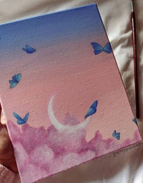 Butterflies, Moon, Canvas, Pink