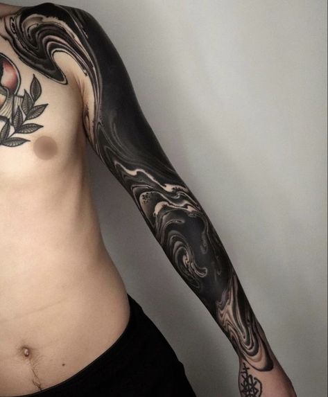 Blast Over Sleeve, Wave Tattoo Cover Up, Black Out Arm Tattoo, Blackout Tattoo Coverup, Black Work Sleeve Tattoo, Blackout Tattoo Design, Blackout Tattoo Ideas, Blast Over Tattoo, Trippy Tattoo