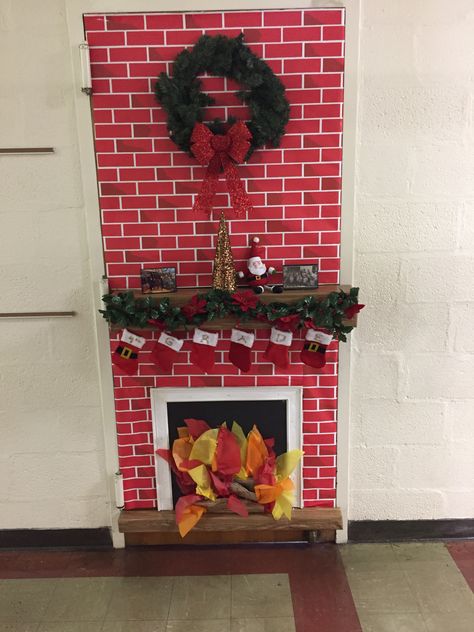 Fireplace Christmas Door Decorations, Door Decorating Contest Christmas Office Fireplace, Bulletin Board Fireplace, Decorate A Door For Christmas Contest, Classroom Door Decor Christmas, Fireplace Classroom Door, Christmas Door Decorations For School Contest, Classroom Fireplace, Winter Doors