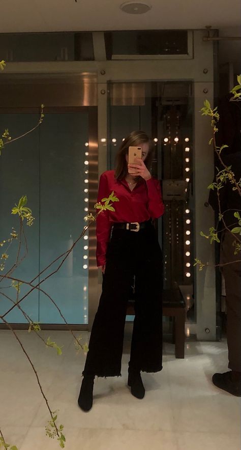 Silk Outfit Classy, Red Top Black Pants, Red Blouse Outfit, Red Vest Outfit, Red Trousers Outfit, Red Shirt Outfits, Red Black Outfit, Silk Shirt Outfit, Red Top Outfit